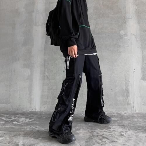 Hip hop pants women Cargo pockets Black color Loose High street Cool trousers Autumn Spring