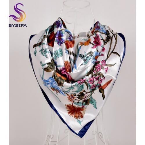 [BYSIFA] New White Silk Satin Scarf Shawl Winter Spring Autumn Elegant Plant Flowers Square Scarves Muslim Women Head Neck Scarf