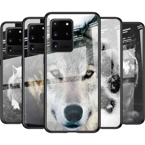 Tempered Glass Cover Cute Black Wolf Print For Samsung Galaxy S21 Ultra Plus 5G M51 M31 M21 Shockproof Shell Phone Case