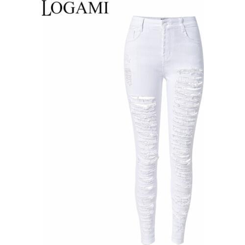 Ripped Jeans For Women High Waist Skinny Tight Jeans Woman Elastic Pencil Denim Trousers Distressed Jeans Women Pants White 2017
