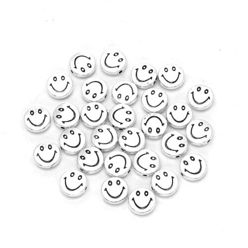 30Pcs Plat Round Smiley Face Spacer Beads Metal Tibetan Silver Jewelry Findings Accessories for Bracelet Necklace Jewelry Making