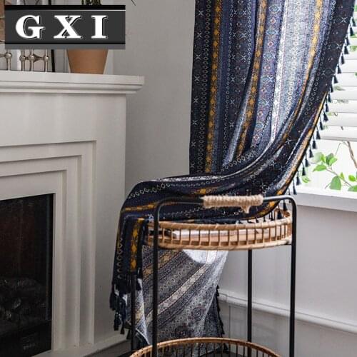 Bohemia Geometry Curtain Blue Tassel Window Kitchen Curtain ins Cotton and Linen Semi-blackout Curtains