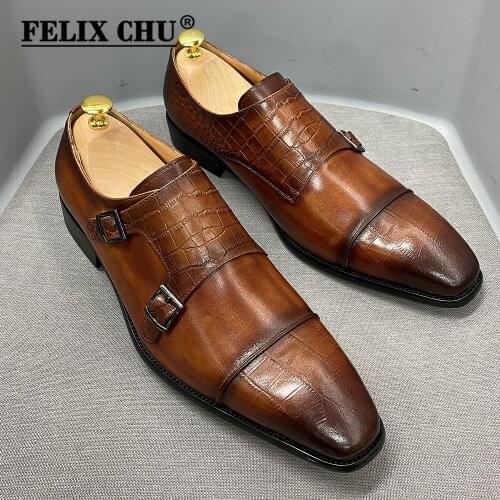 Classic Mens Dress Shoes Real Calf Leather Buckle Monk Strap Crocodile Print Cap Toe Brown Oxford Formal Suit Shoes for Men 2021