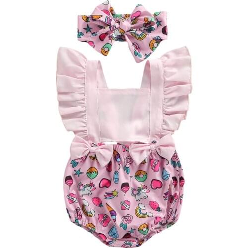 Citgeett Summer 0-18M Lovely Baby Girls Rompers Ruffles Shorts Rainbow Printed Bow Backless Jumpsuits Headband Clothes