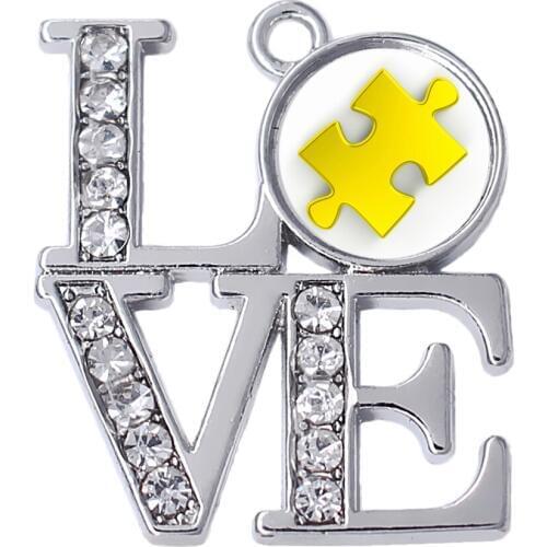 Zinc Alloy Metal Clear Crystal Yellow Puzzle Piece Autism Disease Awareness Charm And Pendants Autistic Jewelry For Girl Or Boy