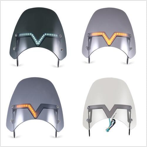 Motorcycle Custom Sport Wind Deflector Retro Windshield 5-7'' Headlamp Universal For Harley Yamaha w/ White DRL Amber Turn Light
