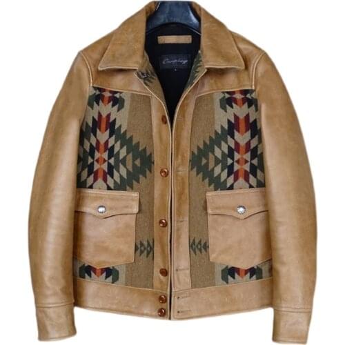Totem Stitching Retro Mens Genuine Leather Coat Top Layer Oil Wax Cowhide Jacket Mens Ethnic Fan Motorcycle Leather Jacket