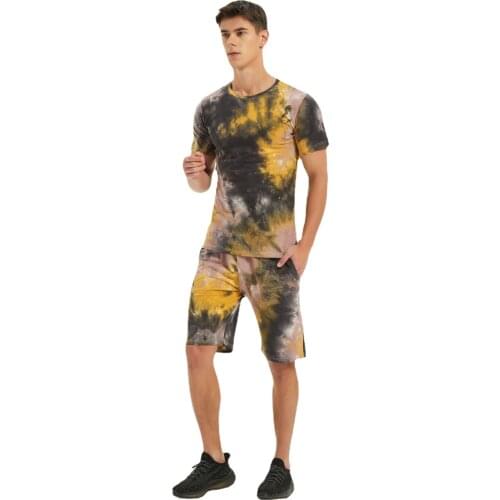 Mens Tie-dyed Multi-color Short-sleeved Turtleneck Personalized Fashion Casual Tracksuit Men