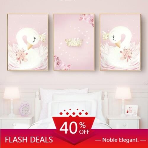 Baby Girl Nursery Wall Art Christmas Canvas Painting Pink Swan Cartoon Posters Nordic Kids Home Decoration Children Bedroom Deco