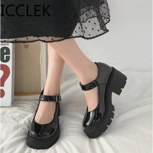 2020 New Black High Heels Shoes Women Pumps Fashion Patent Leather Platform Shoes Woman Round Toe Mary Jane Shoes Mujer A022