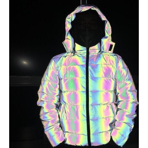 Women/men Hip Hop Hooded Parka Rainbow Dazzling 3M Reflective Light Winter Jacket Coat Windbreaker Younger Padded Cotton Coat