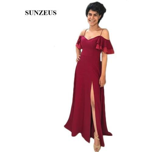 Spaghetti Straps Sheath Junior Bridesmaid Dresses 2020 Sweetheart Ruffles Sleeve Burgundy Wedding Guest Dresses Leg Slit SBD135