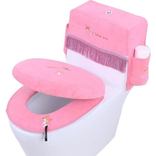 Winter Plush Toilet Seat Cover 3 Pieces/Set Toilet Lid Cover Water Tank Case With Storage Bag Soft Toilet Seat Mat BathroomDecor