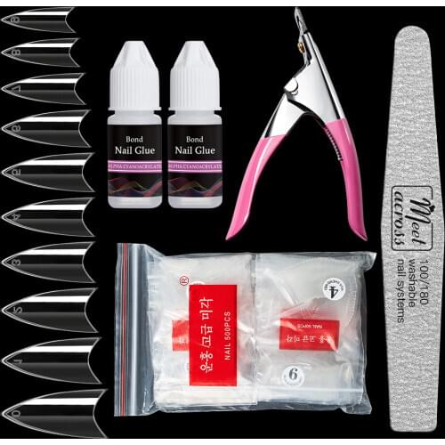 MEET ACTOSS 50 Pcs Clear False Acrylic French Tips & Fast Drying Nail Art Glue Nail File Set Nail Manicure Tools