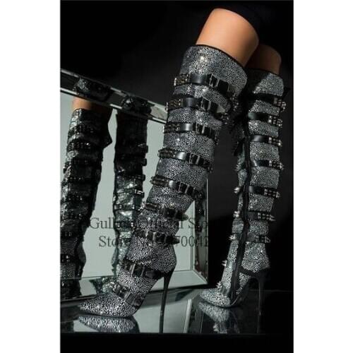 Luxury Crystal Belted Thigh High Boots Black Buckle Rivets Over The Knee Boots Pointed Toe Studded Rhinestone Runway Boot