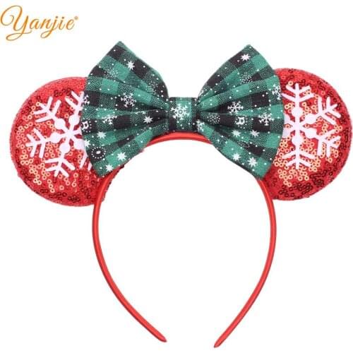 2020 Christmas Festival Snowflake Plaid Sequins Mouse Ear Women &Girl Headband Party One Size Hairband Handmade Hair Accessories
