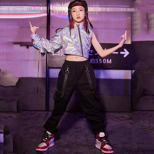 Single Sleeve Silver Tops Cargo Pants Suit For Girls Hip Hop Rave Clothes Jazz Dance Costumes Performance Stage Outfits DN9858