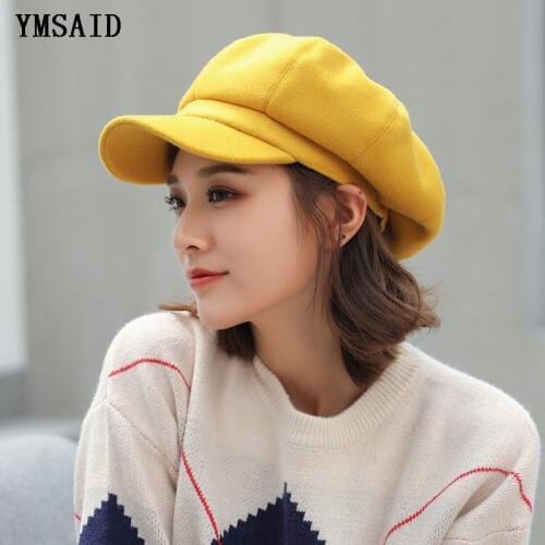 Ymsaid Autumn Winter Hats For Women Solid Plain Octagonal Newsboy Cap Ladies Casual Wool Hat Winter Beret Women Painter Cap