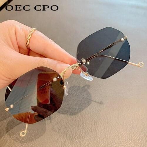 OEC CPO Polygon Rimless Sunglasses Women Vintage Square Sun Glasses Men Punk Eyeglasses Retro Shades Metal Eyewear Unisex UV400