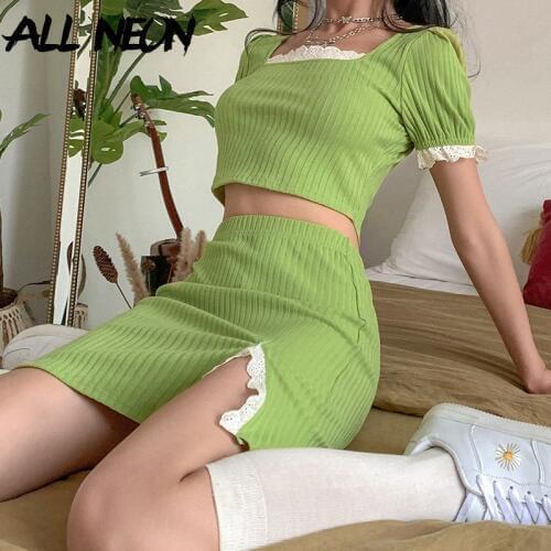 ALLNeon E-girl Cute Ribbed Square Collar Puff Sleeve with Lace Crop Tops and Mini Skirt 2 Piece Sets Y2K Fashion Matching Sets