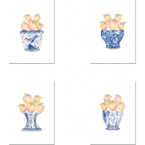 Watercolor peaches in Chinese style vase printable art set 4-piece set print blue and white vase prints Chinese art oriental pos
