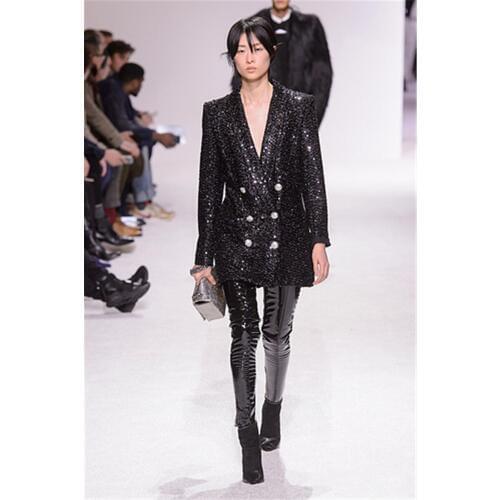 High Quality Celebrity Sequins Long Sleeve V Neck Black Bodycon Fashion Women Coats Outerwear