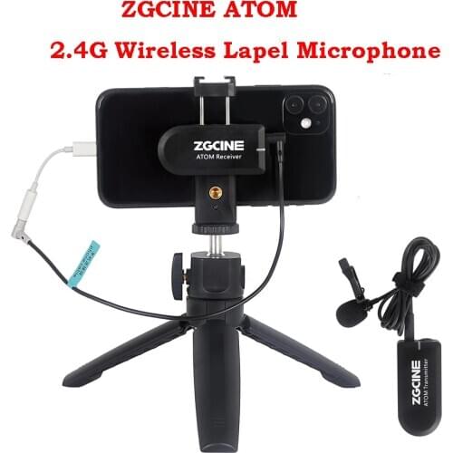ZGCINE ATOM Wireless Lapel Microphone Receiver Kit mini 2.4G Video Recording Mic Tripod phone holder for Camera DSLR Smartphone