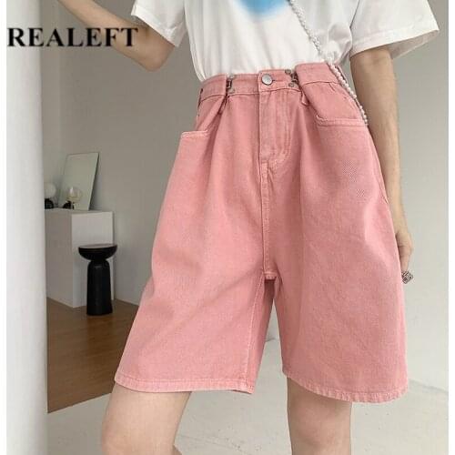 REALEFT Summer 2021 New High Waist Pink Womens Jean Half Pants Casual Loose Female Wide Leg Denim Pants Chic Trouses Ladies