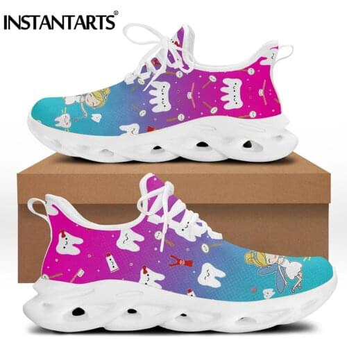 INSTANTARTS Pretty Fairy Hold Teeth Cartoon Pattern Women Flat Shoes Breathable Mesh Sneakers Casual Lace up Platform Footwear