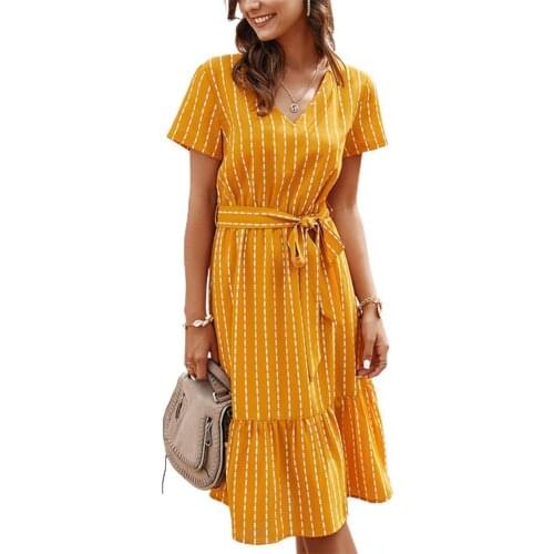 80%HOTLadies Dress Stripe Printing Breathable 5 Colors Women V Neck Loose Dress for Shopping