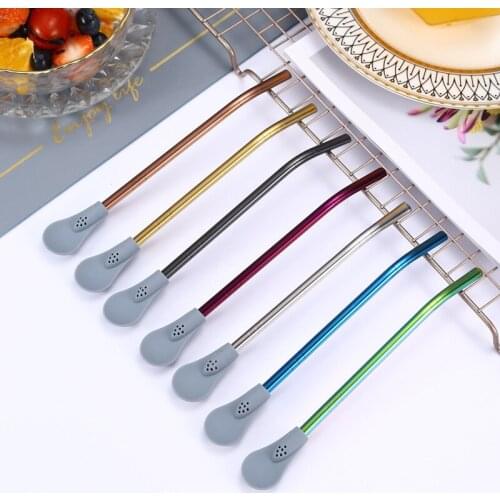 10pcs 304 stainless steel silicone straw with spoon creative detachable coffee tea filter beverage straw spoon bar supplies