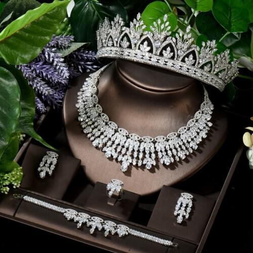 HIBRIDE 5pcs Costume Women Jewelry Sets Charm Headband Crown Full Sparkling CZ Necklace Ring Bracelet Earring Sets Women N-1637