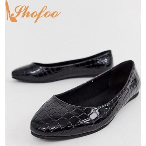 Black Croc Embossed Ballet Flats Woman Shoes Patent Leather Large Size 11 15 Lady Round Toe Slip On Summer Fashion Office Shofoo