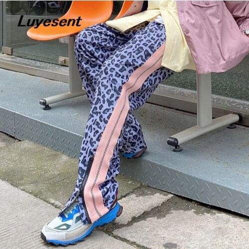 Y2k Girl Harajuku Wide Leg Pants Lady Leopard Patchwork Contrast Color Cute Elastic Waist Zippers Pant Korean Fashion Clothes