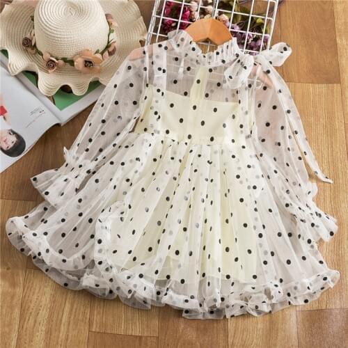 Kids Princess Dress For Girls Spring Summer Mesh Lace Full Sleeve Polka Dot Dresses Cute Children Elegant Birthday Party Costume