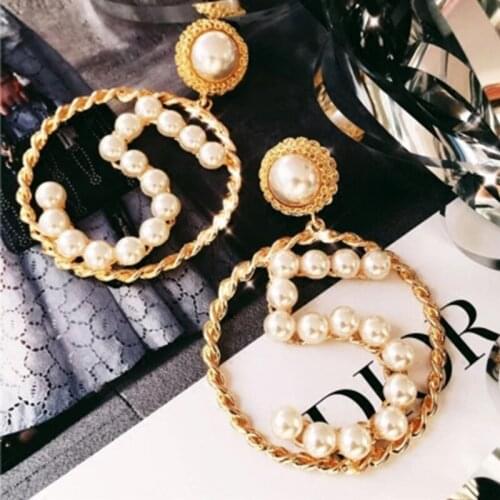 Women Jewelry Simple Simulated Pearl Number 5 Big Circle Earrings Black Ribbon Weaves Party Drop Earring New Fashion