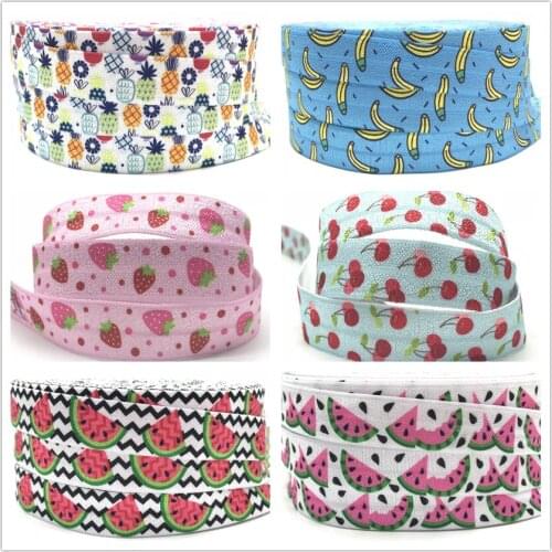 5/8'' Watermelon Banana Fruit Fold Over Elastic Strawberry Cherry Pineapple Printed FOE for Headband DIY Decoration Webbing
