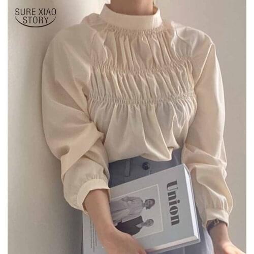 Elegant Simple Loose Womens Shirt Korean Stand Collar Pleated Casual Blouse Women Puff Long Sleeve Top Women Blusas Mujer 16381