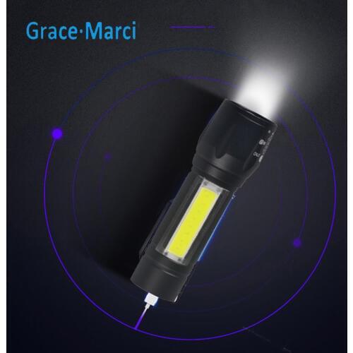 GM USB Rechargeable LED Flashlight Built-in Battery Mini Light COB+XPE LED Torch Portable Zoomable Flashlight For Camping