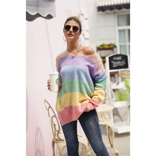 H80&S90 New Sweaters Women Invierno Patchwork Long Sleeve V-Neck Rainbow Stripe Knit Winter Top Pullover Female Jumper Sweater