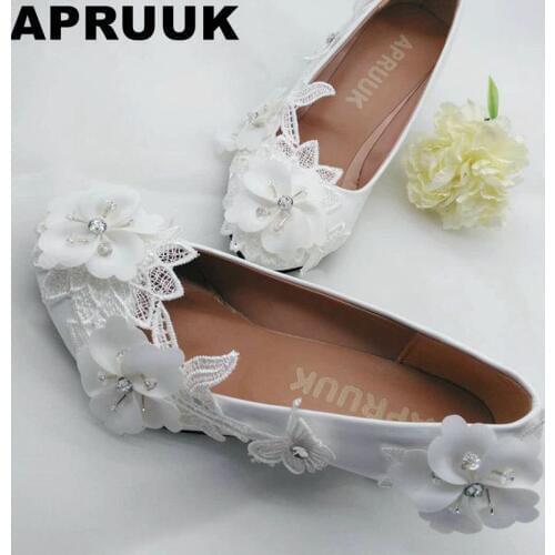 Beautiful white lace flowers wedding shoes bride custom handmade plus sizes bridal pumps shoes sexy lace flower party shoes