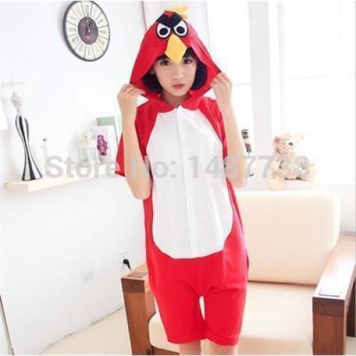 Red Bird Pajamas Summer Onesies For Adult Unisex Cartoon Sleepwear Animal Onesies Cotton Short Sleeves Cosplay Costume