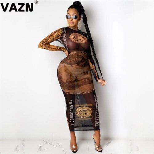 VAZN 2020 New Arrival Sexy See Through Joker Parity Style Retro Turtleneck Full Sleeve Women High Waist Thin Maxi Dress
