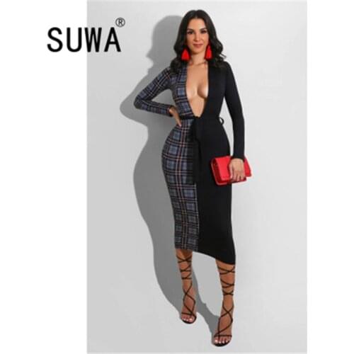 2 Color Patchwork Sheath Midi Dress 2020 New Product Deep V Neck Long Sleeve Evening Party And Wedding Elegant Gowns Wholesale