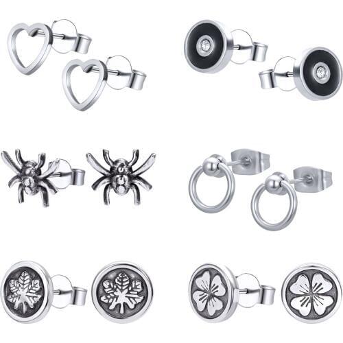 ZS 2 Pcs Stainless Steel Stud Earrings Punk Style Heart Earring for Men Hip Hop Stud Earring Spider Biker Jewelry