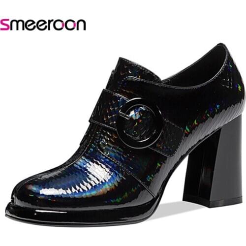 Smeeroon 2021 Genuine Leather Shoes Women Pumps Buckle Zip Spring Summer Single Shoes High Heels Dress Office Shoes Woman