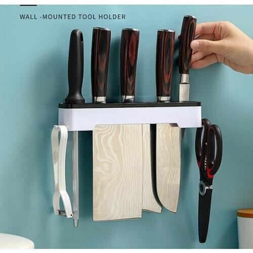 Knife Storage Rack with 5 Knife Slots Multifunctional Nail-free Wall-mounted Knives Shelf Holder Home Kitchen Accessories