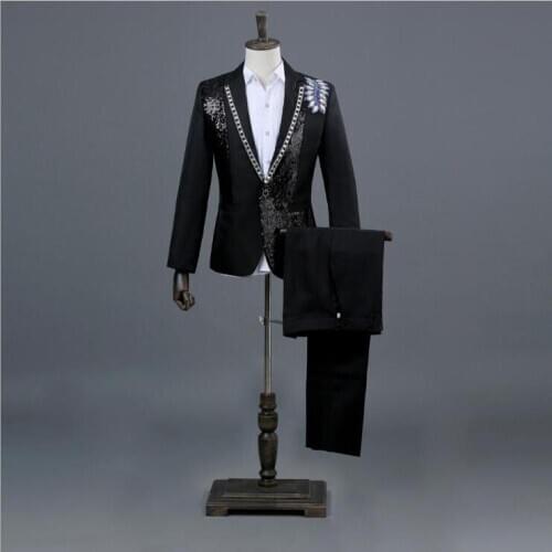Retro Rhinestone Stitching Sequin Men Nightclub Singer Stage Show Clothing Two-piece Blazer Trousers Suit