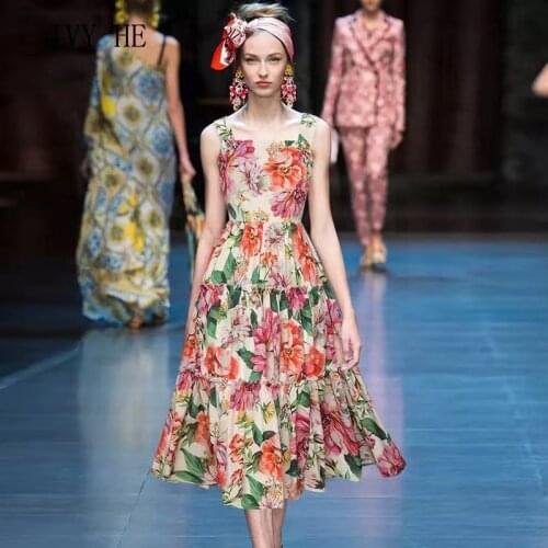 IVY HE High Quality Summer Dress Woman Clothing Beautiful Patchwork Print Camisole Midi Long Dress Traf Robe ZA Party Dresses