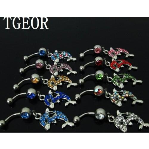 BODY JEWELRY 1 Pair gem stone never ring Stainless Steel with dangle double Dolphin belly button ring HOT SALE